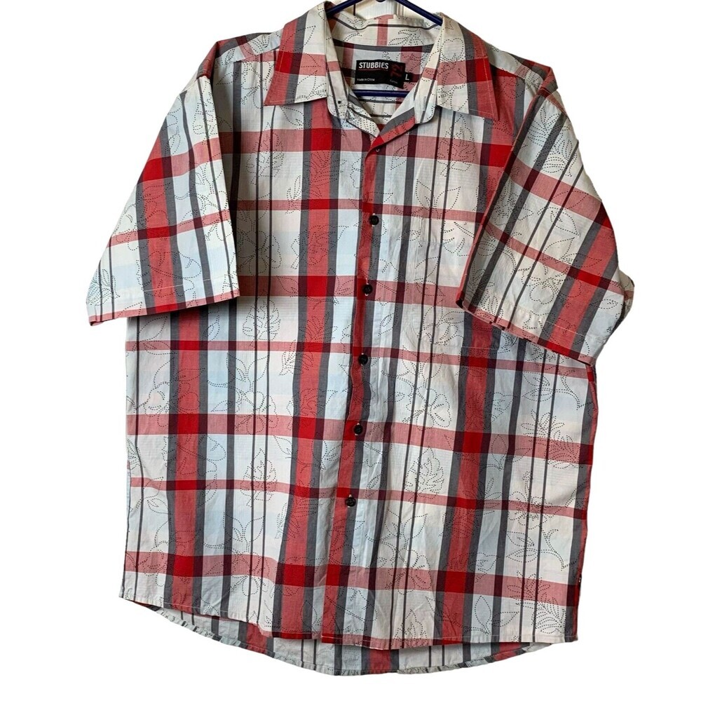 Stubbies Shirt Mens Short Sleeve Size Large Red Plaid 100% Cotton